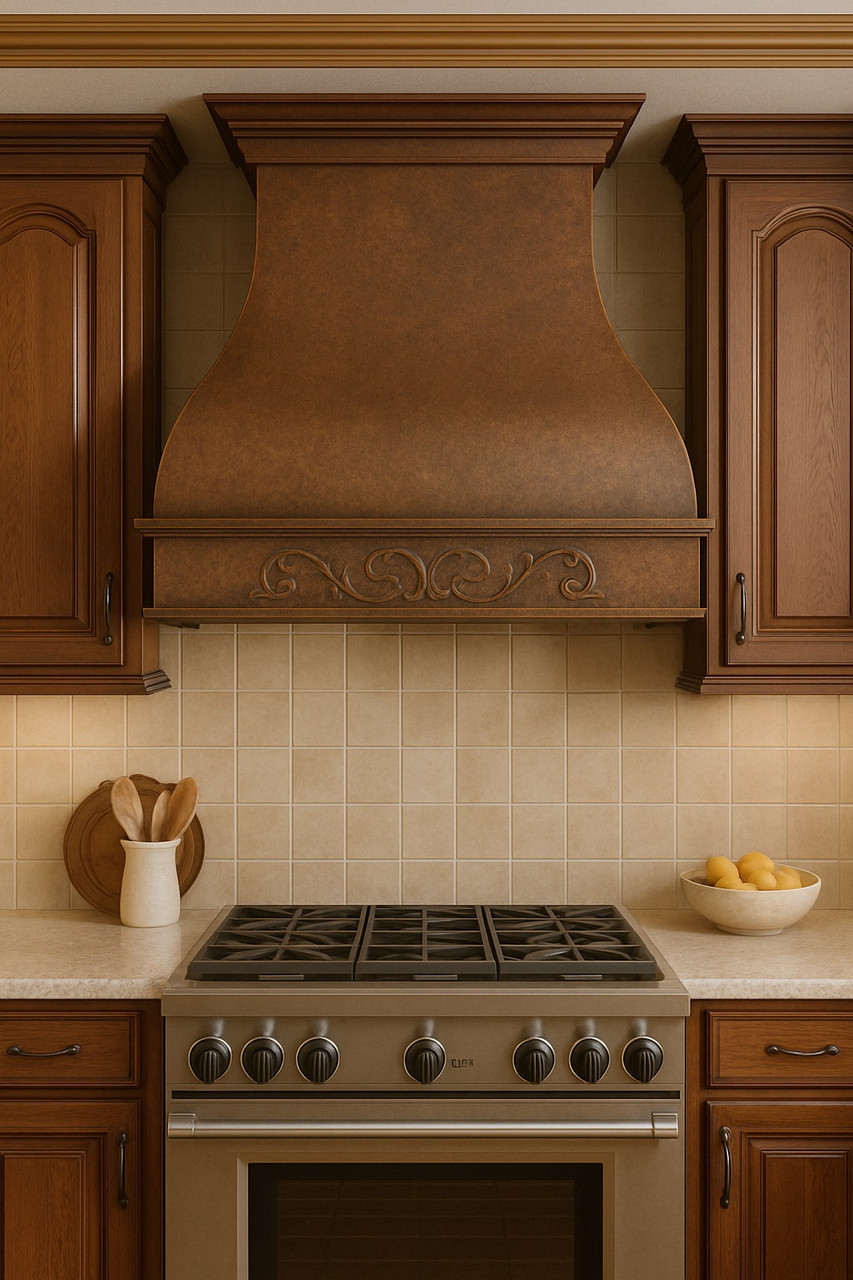 Copper range hood with apron scroll in traditional kitchen, smooth canopy with decorative band above range and classic cabinetry
