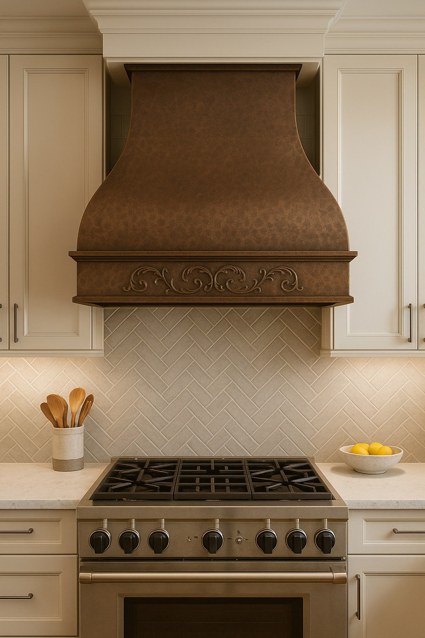 Copper range hood with apron scroll in transitional kitchen, smooth canopy with decorative band above range and balanced cabinetry
