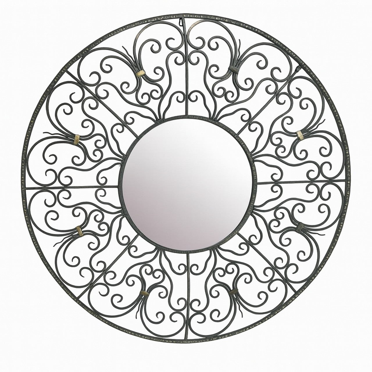 Round wrought iron mirror with ornate scrollwork with black color frame