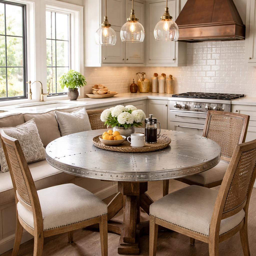 Zinc round tabletop in a kitchen breakfast nook