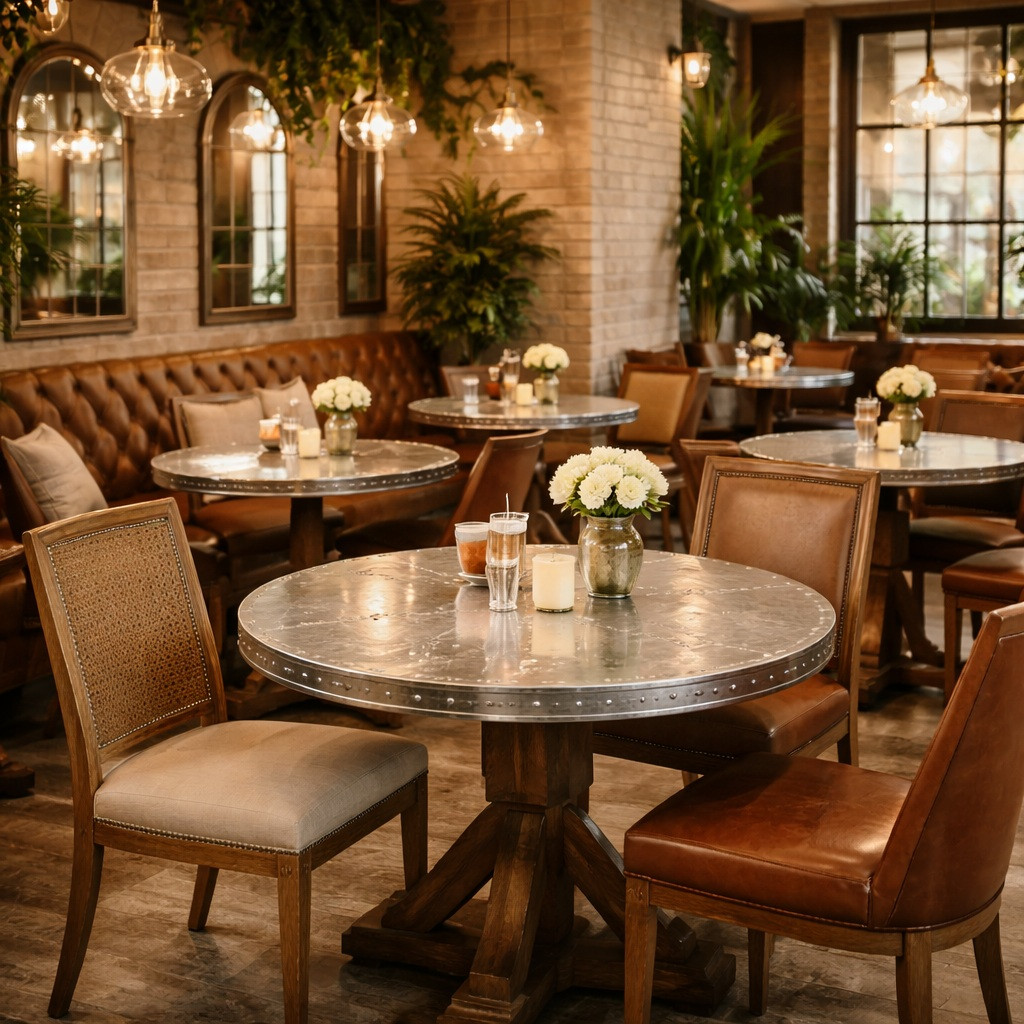 Round zinc tabletops in a rustic cafe