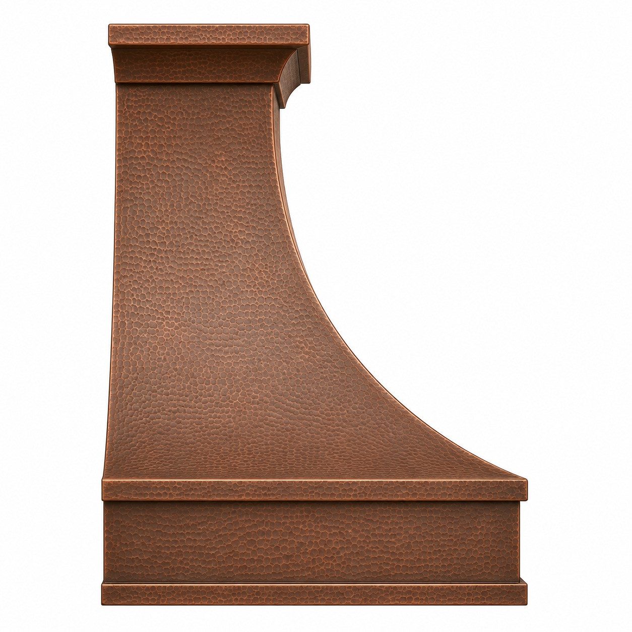 Side profile of wall-mount hammered copper bell range hood with antique patina and flared canopy