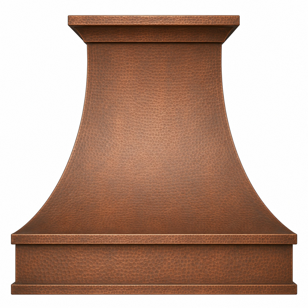 Wall-mount hand-hammered copper bell range hood with antique patina, tiered crown and framed apron