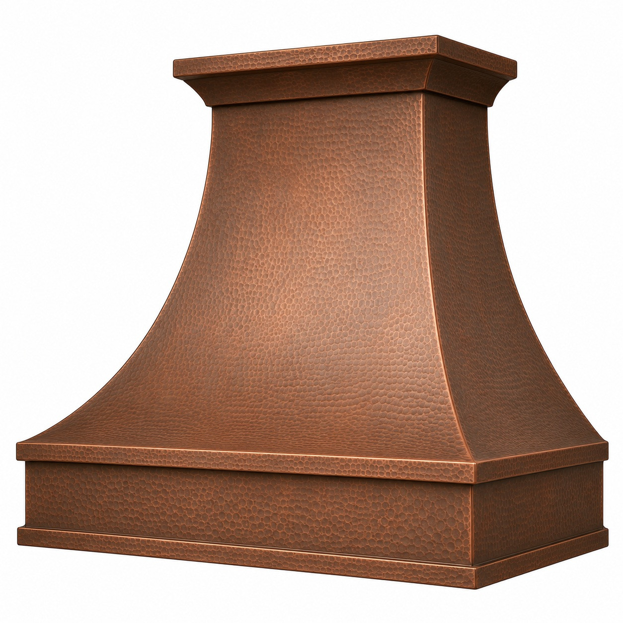 Wall-mount hammered copper bell range hood with antique patina, flared canopy, crown and framed apron