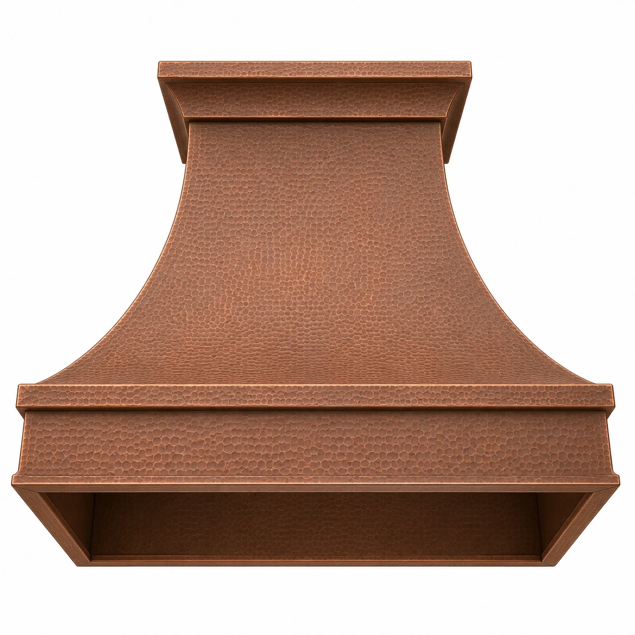 Underside of wall-mount hammered copper range hood showing the open interior for a ventilation insert