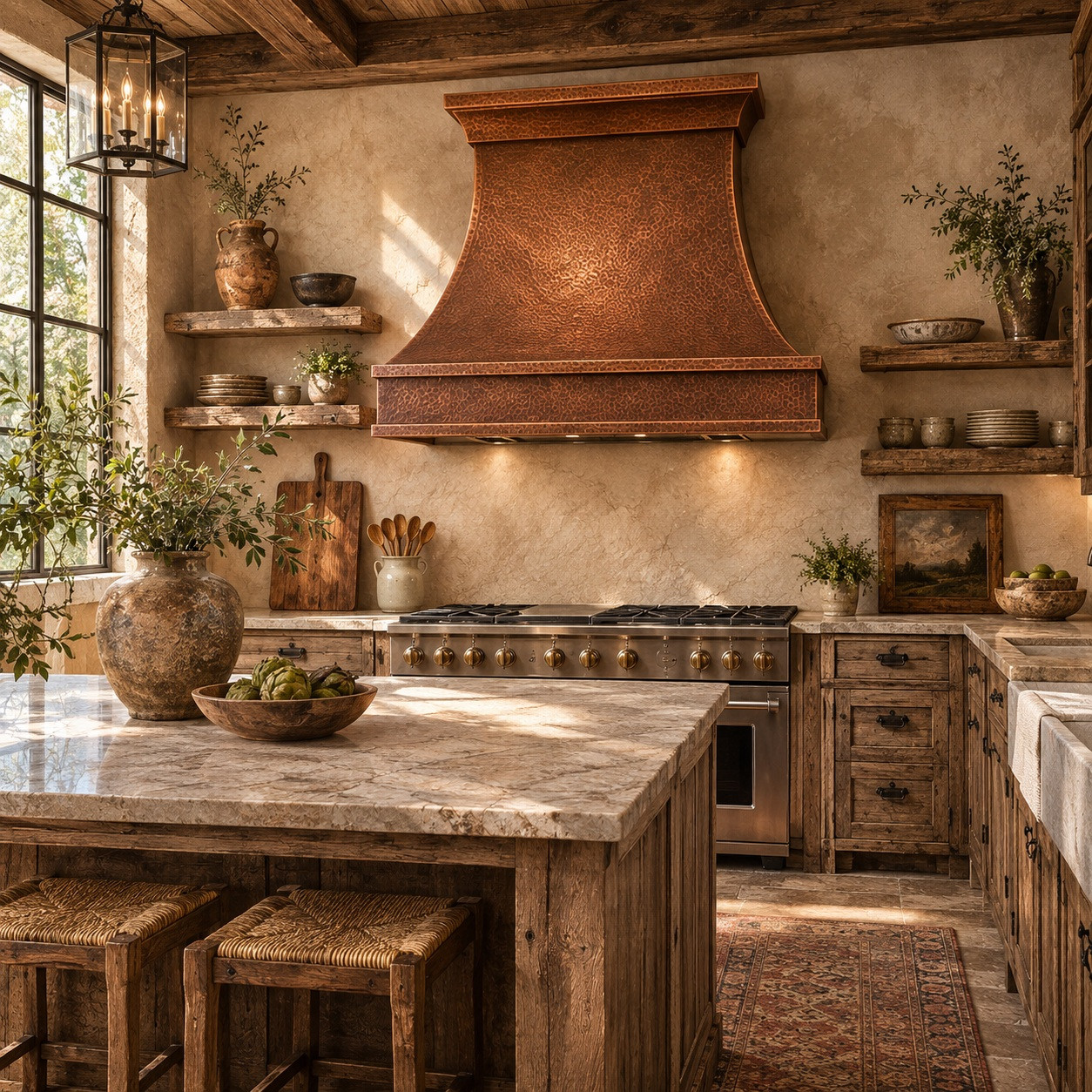 Wall-mount antique hammered copper bell range hood in a rustic kitchen with reclaimed wood and stone