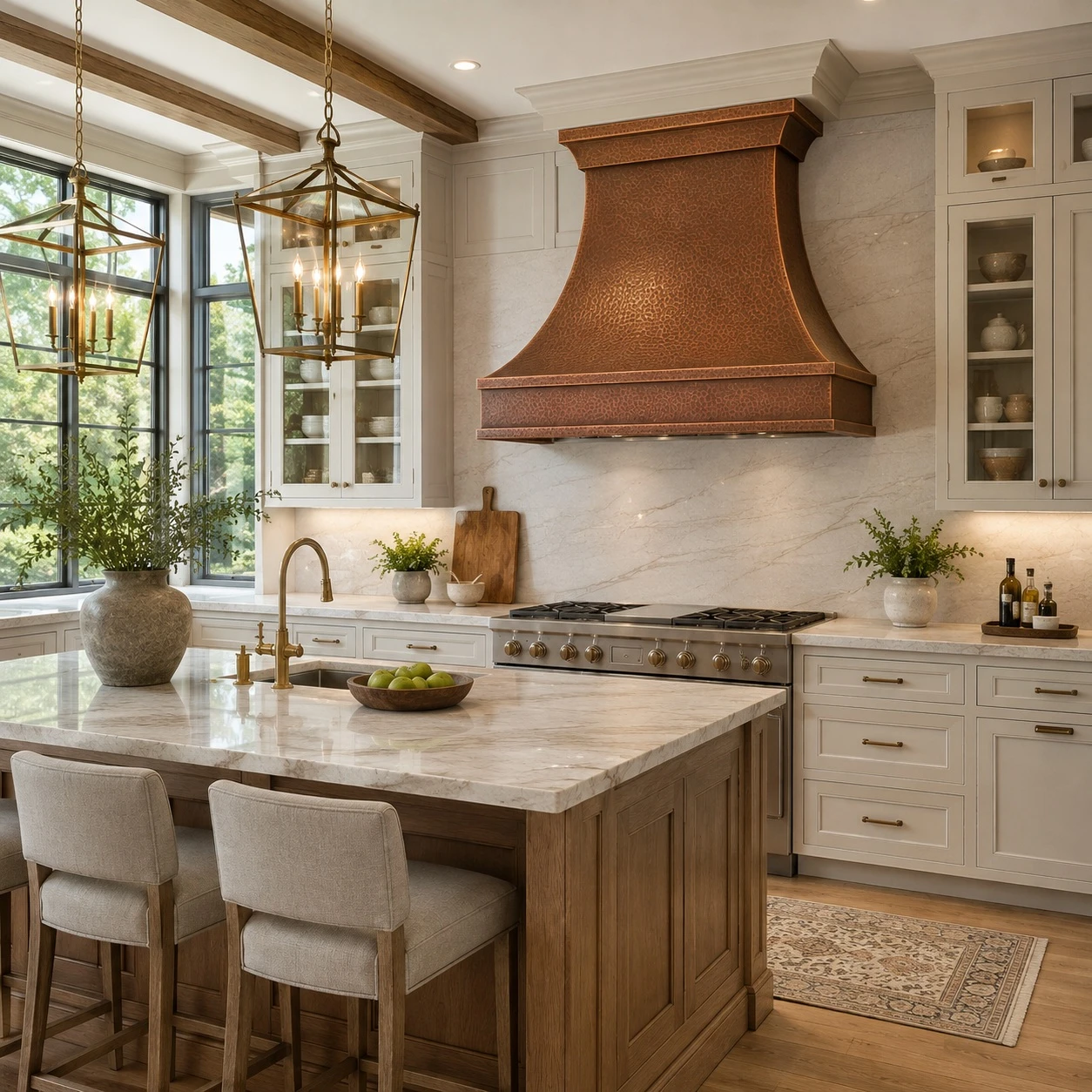 Wall-mount hammered copper bell range hood in a transitional kitchen with Shaker cabinetry and quartzite