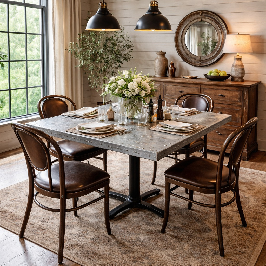 Zinc square tabletop in a rustic industrial style dining room