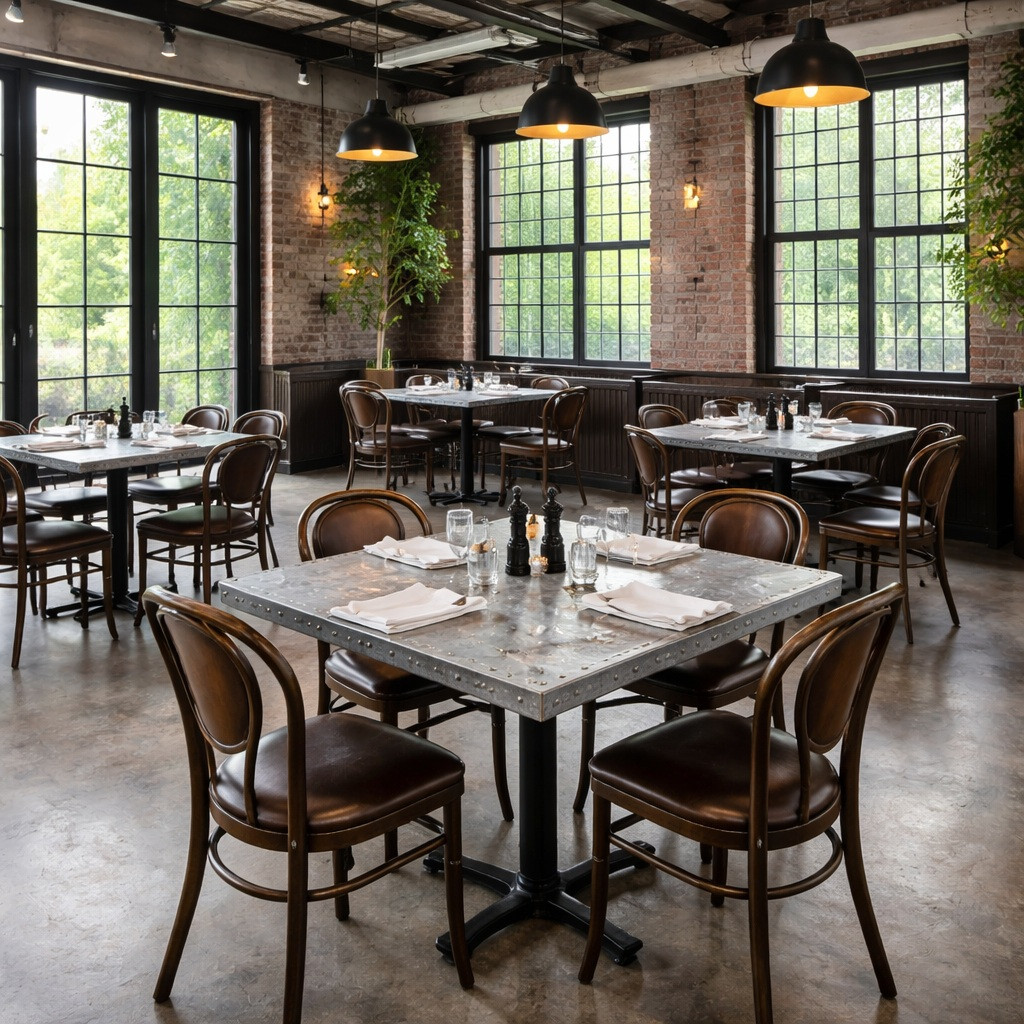 Tables with zinc square tabletops in a restuaran setting