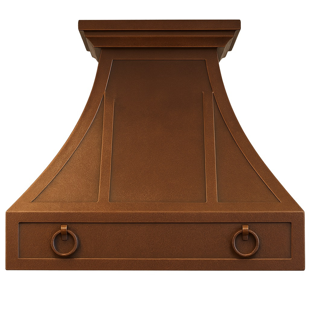 Bell-shaped copper kitchen vent with decorative rings and artisan patina finish