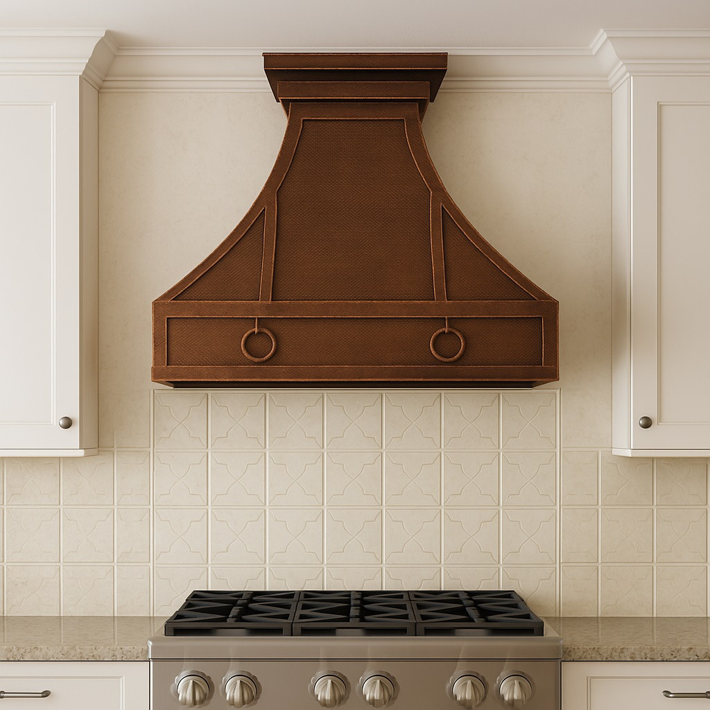 Kitchen vent with decorative rings in transitional style kitchen, bell shaped metal canopy above balanced cabinetry and refined stone surfaces