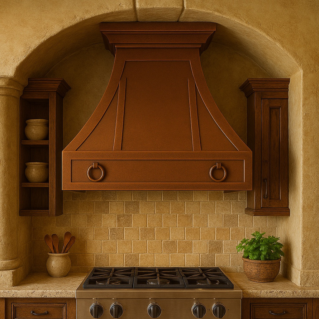 Kitchen vent with decorative rings in Old World style kitchen, bell shaped metal canopy above stone walls, rustic beams