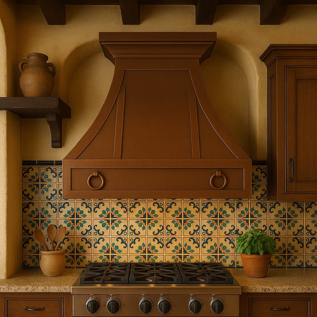 Kitchen vent with decorative rings in Spanish Revival style kitchen, bell shaped metal canopy above arched openings, tile accents and rustic wood beams