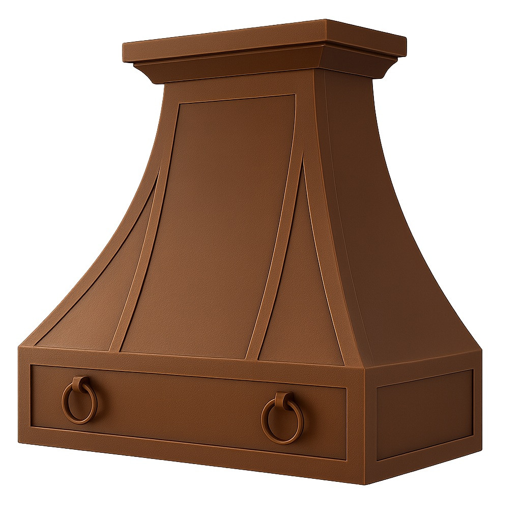Handcrafted copper kitchen vent showing decorative rings, subtle hammering, and rich patina details