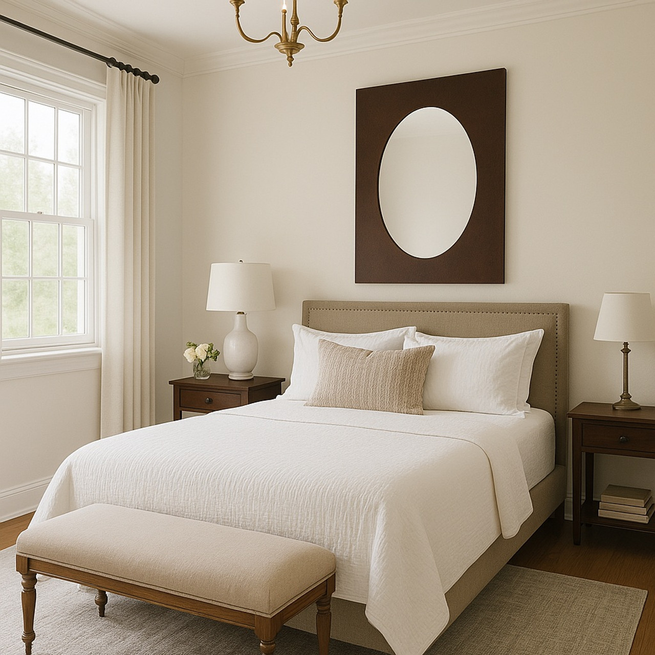 Rectangular copper mirror with oval inset frame above bed in a transitional suburban American bedroom