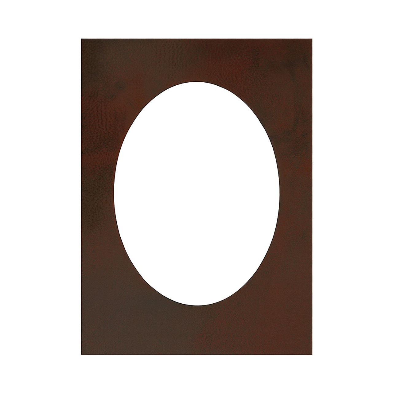 Rectangular copper mirror with oval inset frame showing hammered texture and rich coffee-brown patina finish