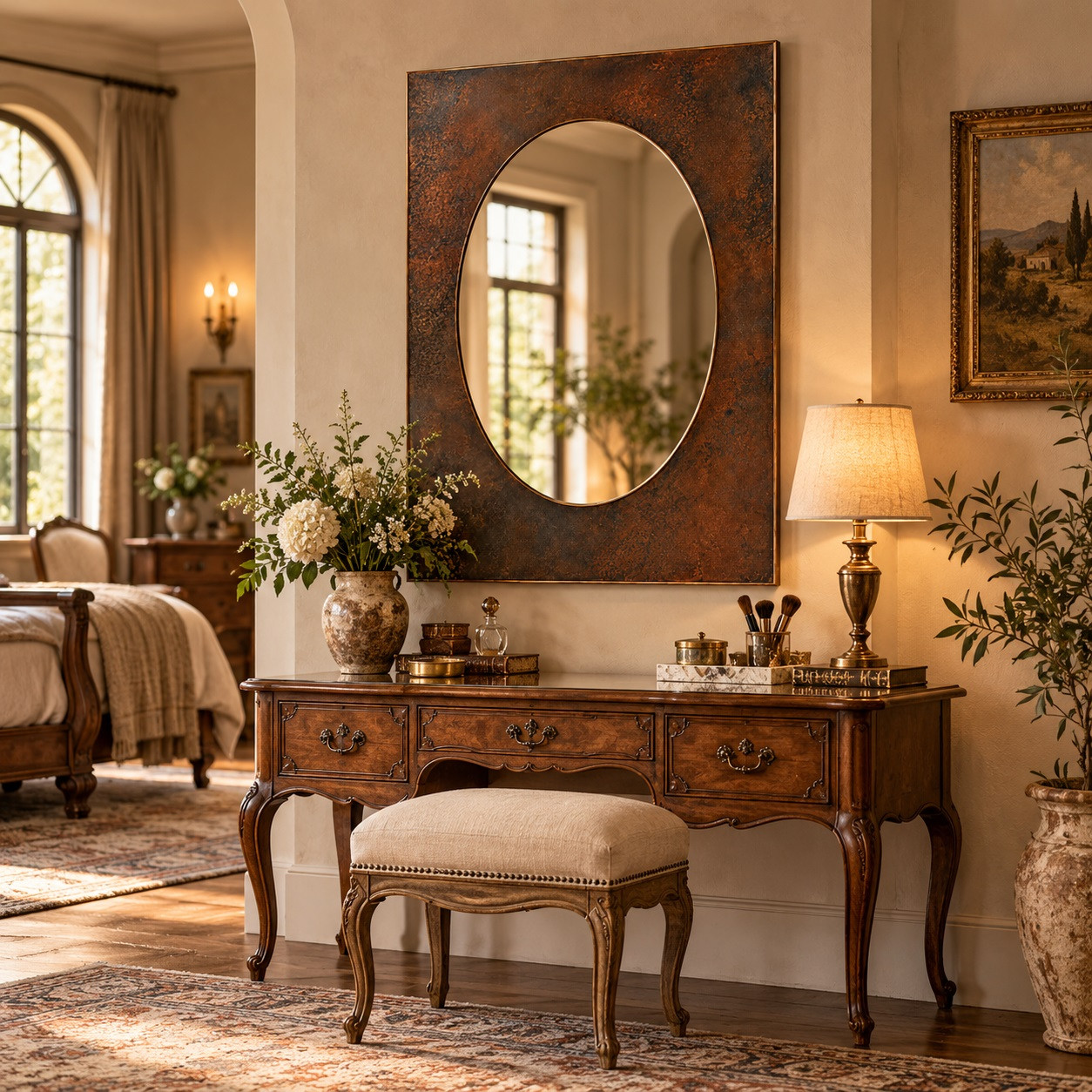 Rectangular copper mirror with oval Iinset frame displayed above an elegant vintage vanity area