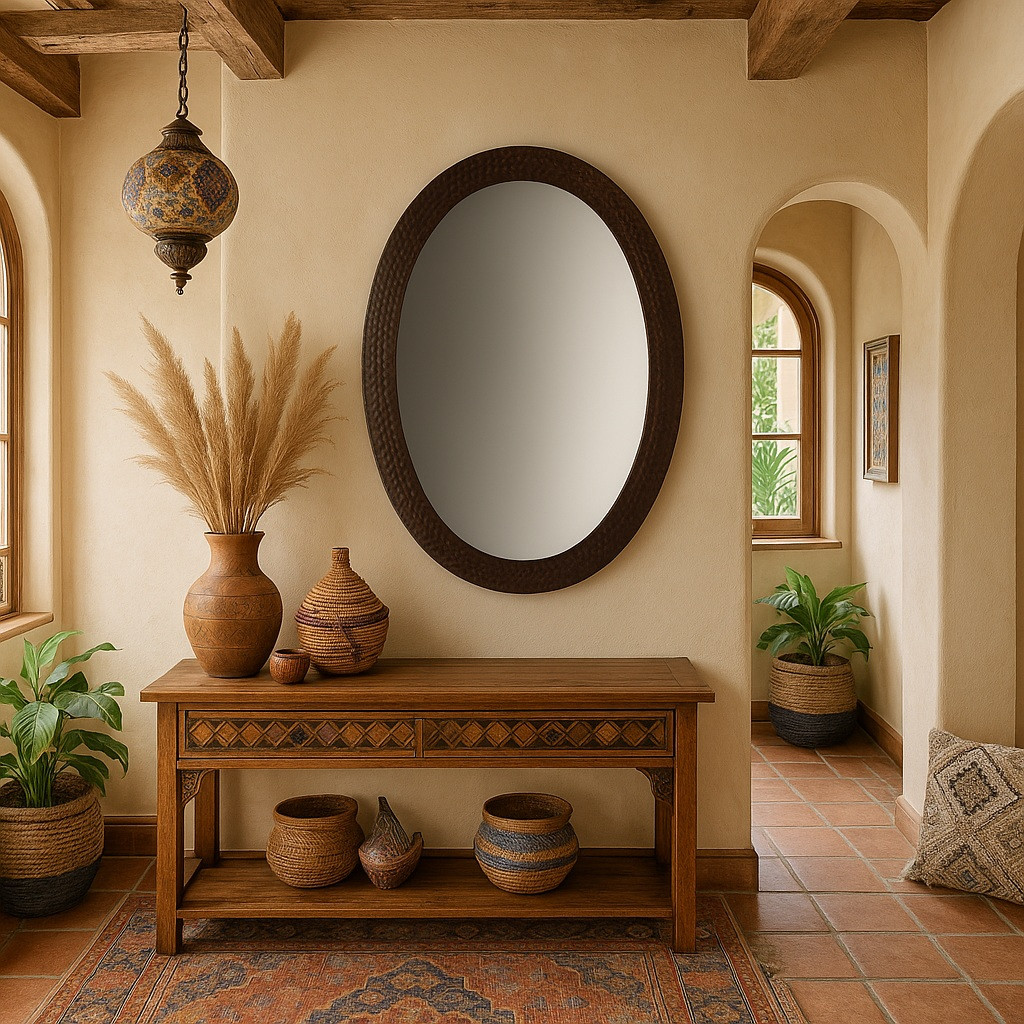 Oval hammered copper mirror in an eclectic bohemian entry with rustic wall decor and warm metal texture