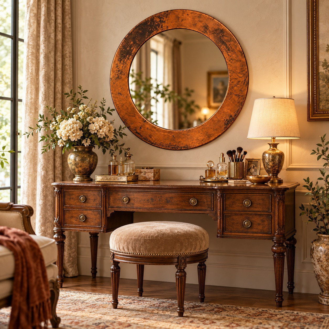 Round hammered copper mirror installed above a vintage vanity with warm natural textures