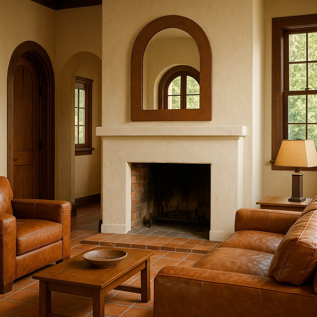 Arched hand-hammered copper mirror above a fireplace in a mission style family room
