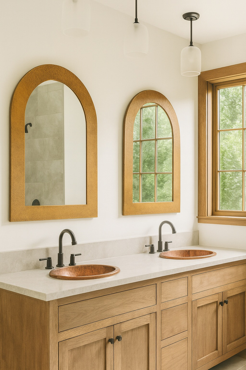 Two arched hand-hammered copper mirrors obove two drop-in copper sinks in a modern rustic bathroom