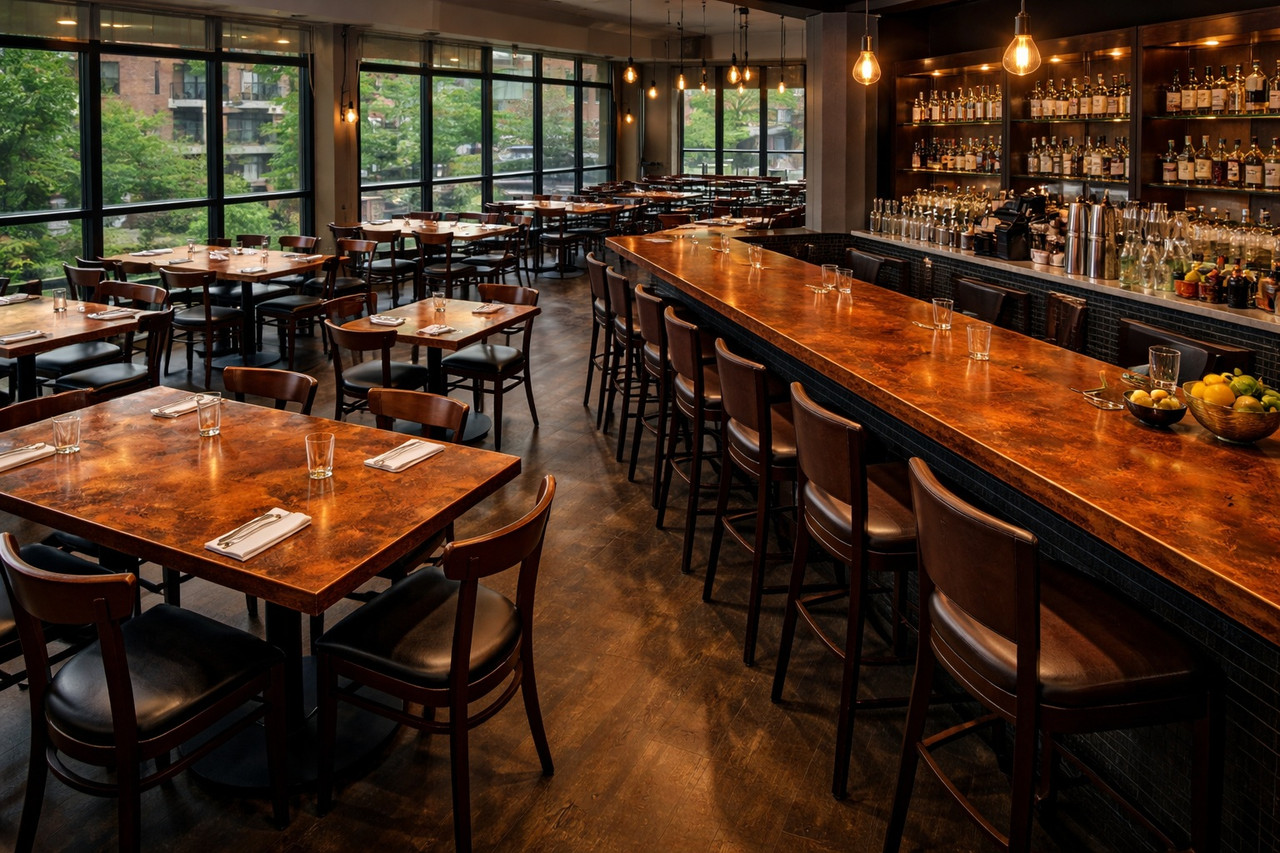 Square copper tabletop in a bar setting with warm rustic ambiance