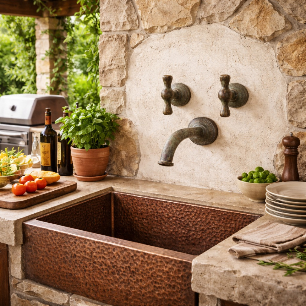 Rustic oxidized brass wall faucet with dual paddle handles in an outdoor kitchen