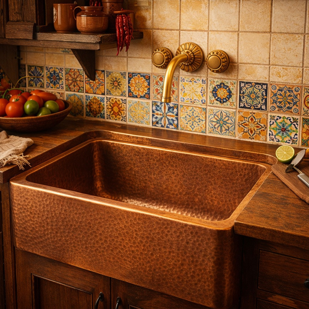 Brass wall faucet with ornate round handles in a kitchen above a copper farmhouse sink
