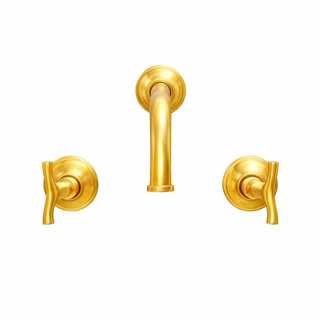 Custom wall-mounted bronze faucet with curved spout and artisan finish and front view