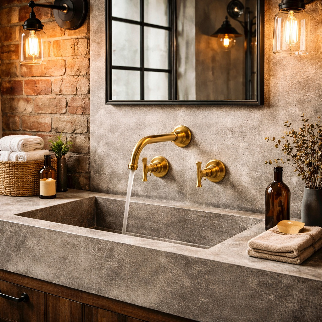Custom wall-mounted brass faucet with curved spout and artisan finish in an industrial loft style bathroom