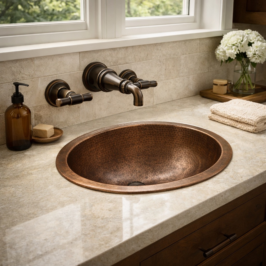 Brass wall-mount faucet set with vintage patina finish in a bathroom