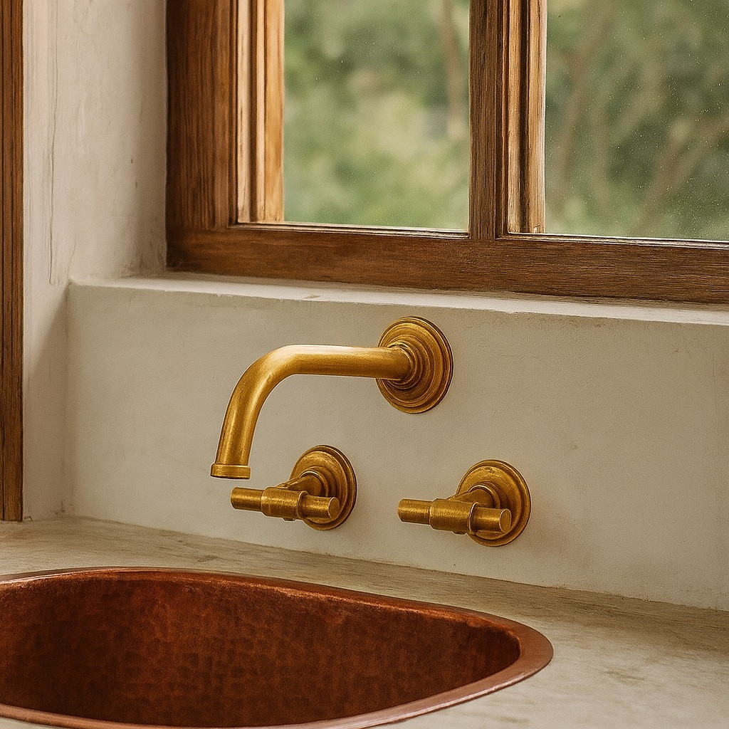 Wall mount brass faucet with T-handles and warm golden finish in a bathroom settings