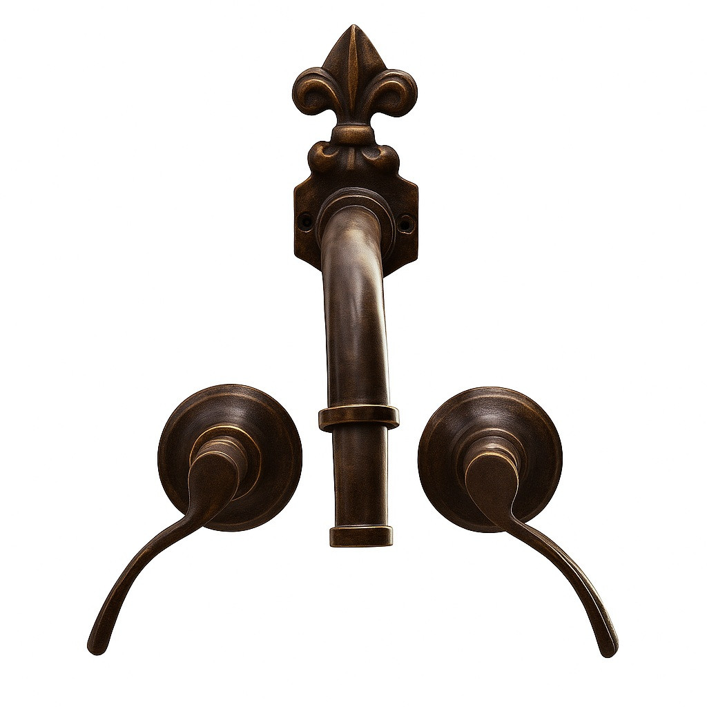 Handcrafted brass faucet with Fleur-de-Lis front view