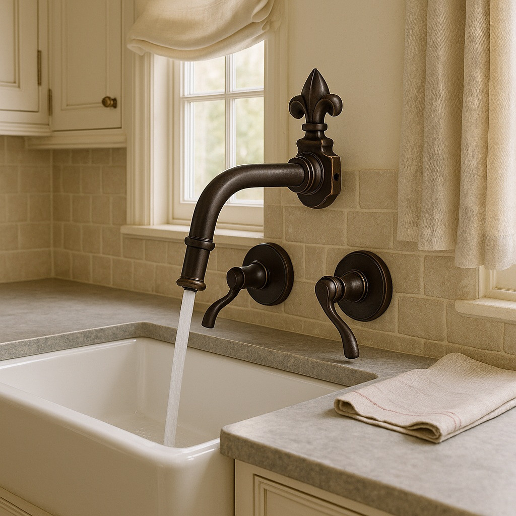 Brass kitchen faucet Fleur-de-Lis over copper sink surrounded by French country cabinetry.