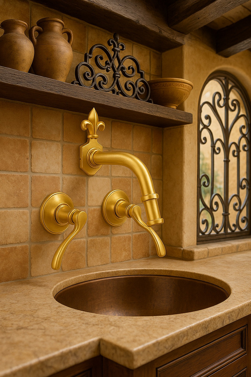Brass kitchen faucet Fleur-de-Lis in Spanish Colonial kitchen with terracotta tile and rustic wood