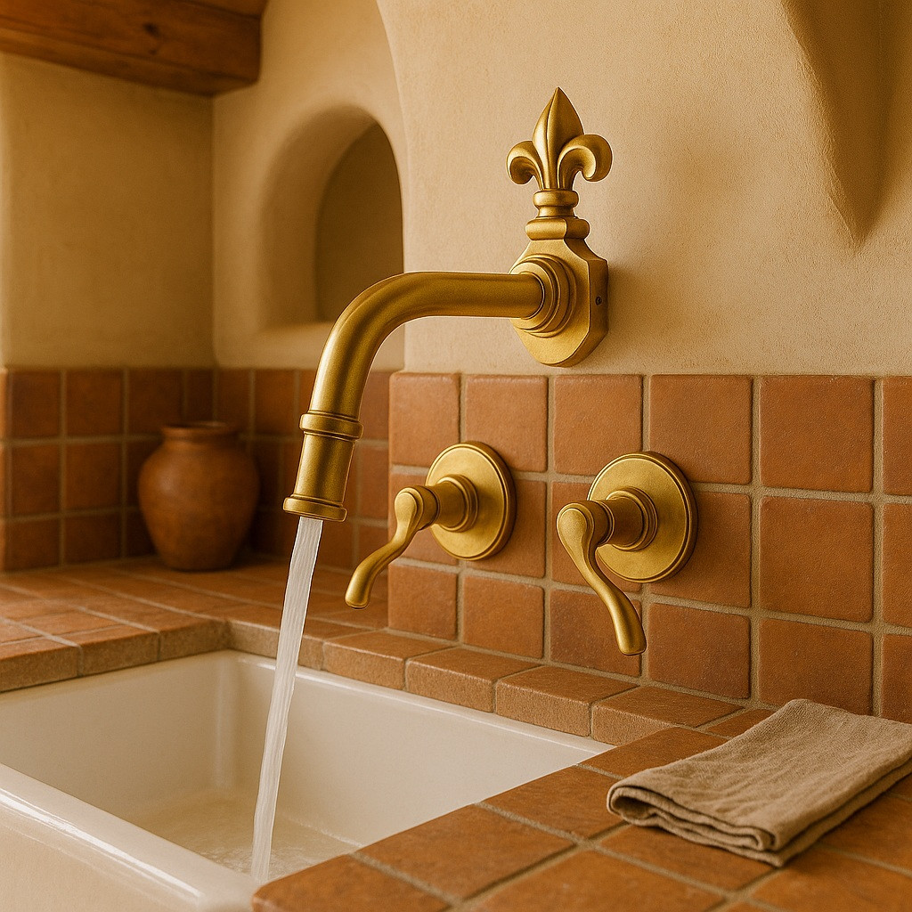 Brass kitchen faucet Fleur-de-Lis mounted in Southwestern kitchen with adobe walls and tile accents.