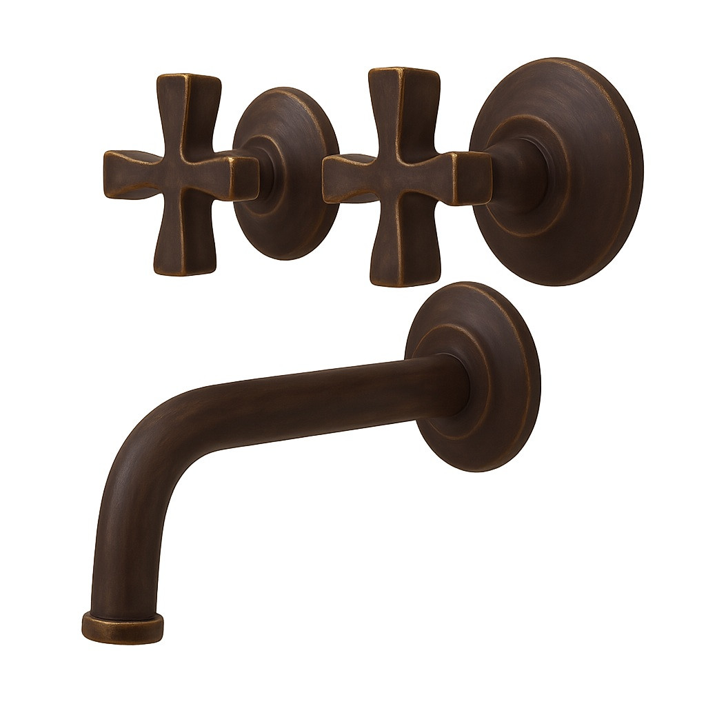 Brass cross handle wall faucet with aged finish angle view