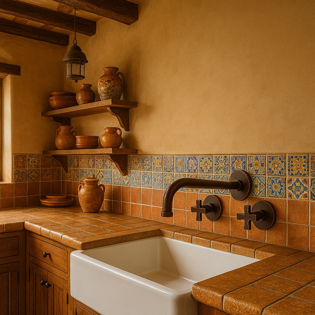 Brass cross handle wall faucet in a hacienda kitchen with hand-painted tiles and terracotta tones.