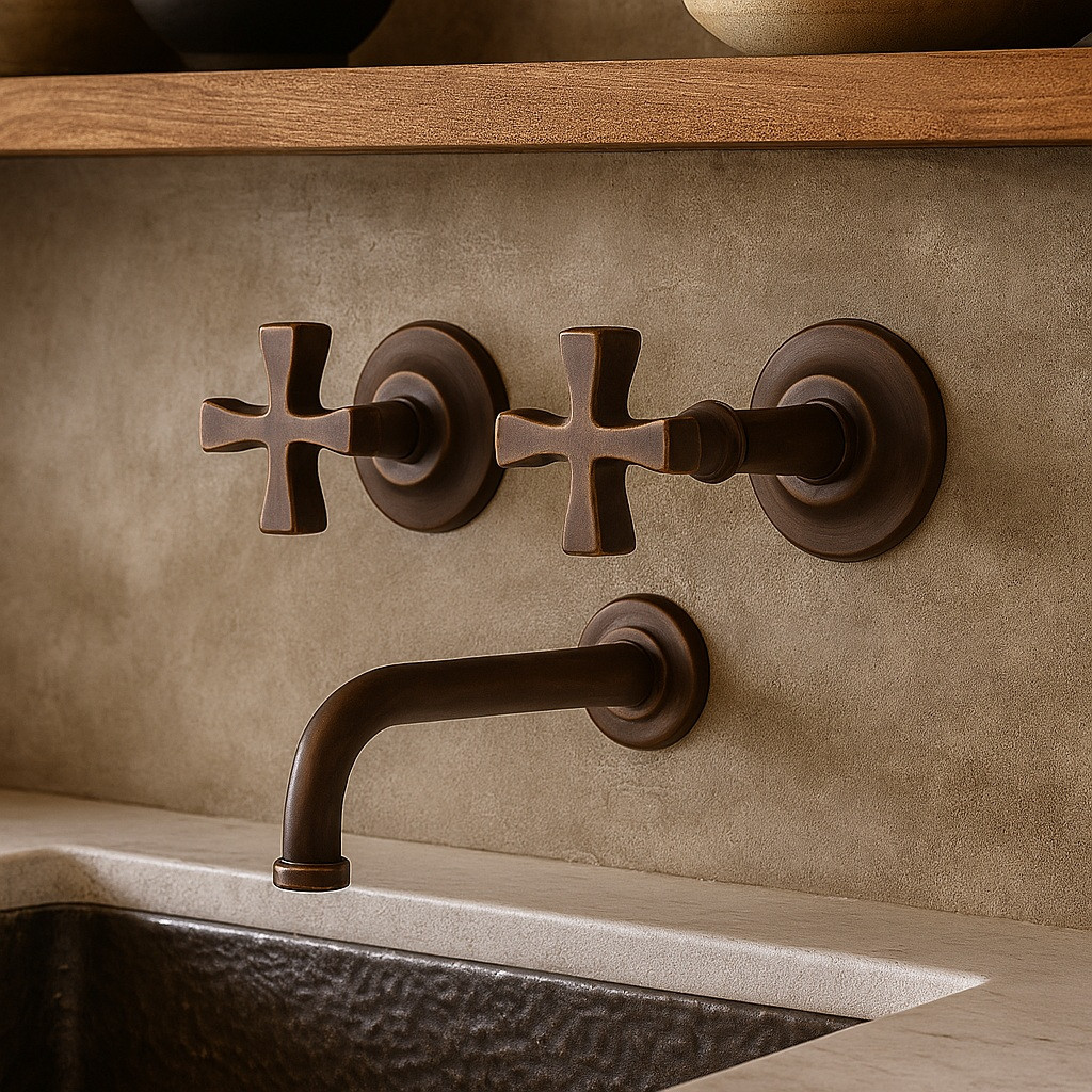 Brass cross handle wall faucet accenting an industrial kitchen