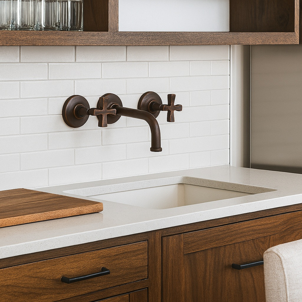 Brass cross handle wall faucet in transitional kitchen adding vintage warmth to modern cabinetry.