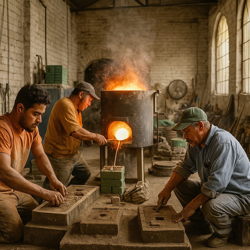 Brasscross handle wall faucet crafted by Mexican artisans sand casting in fiery workshop.