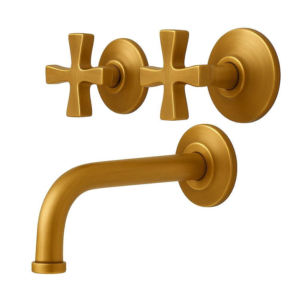 Bronze cross handle wall faucet with warm golden finish