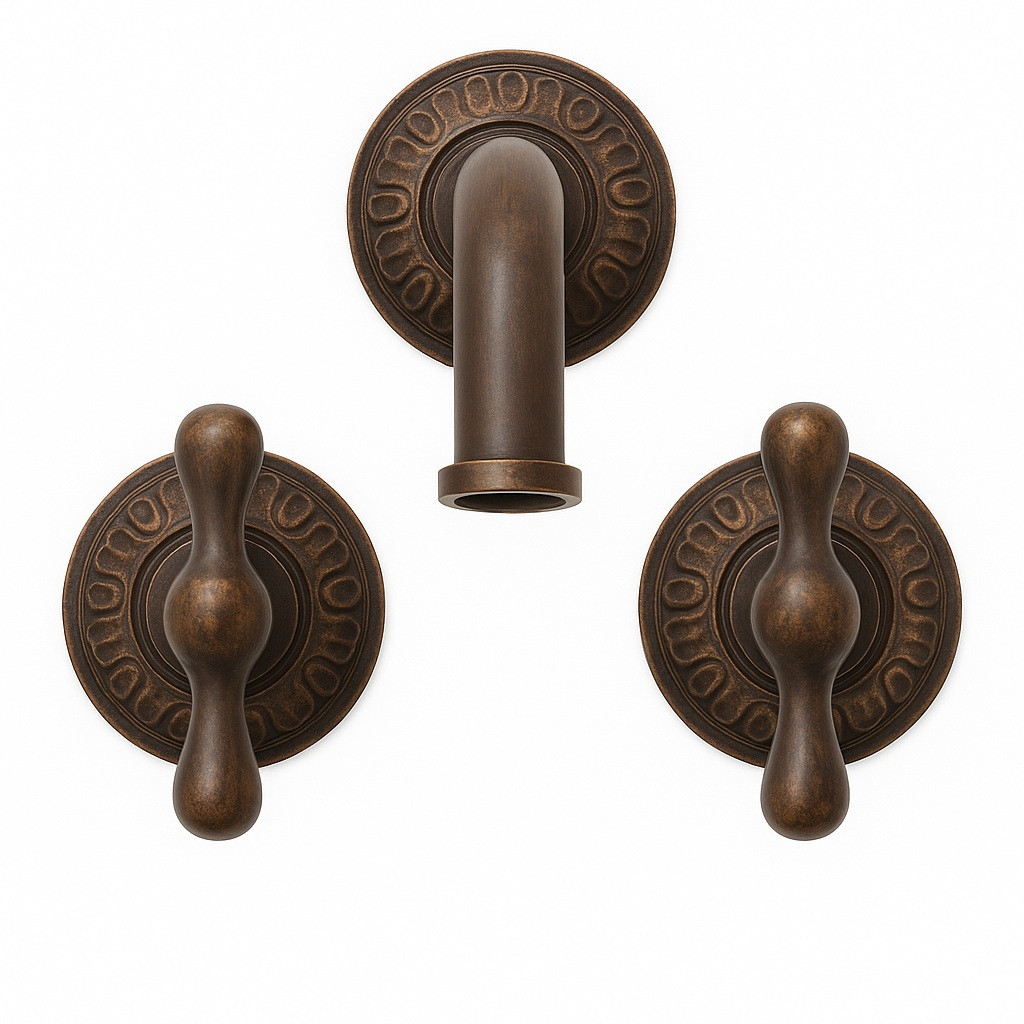 Oxidized brass wall-mount faucet in rustic outdoor style width dark rustic finish