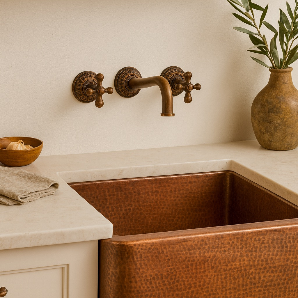 Oxidized brass wall-mount faucet in rustic outdoor style in a kitchen installed above a copper sink