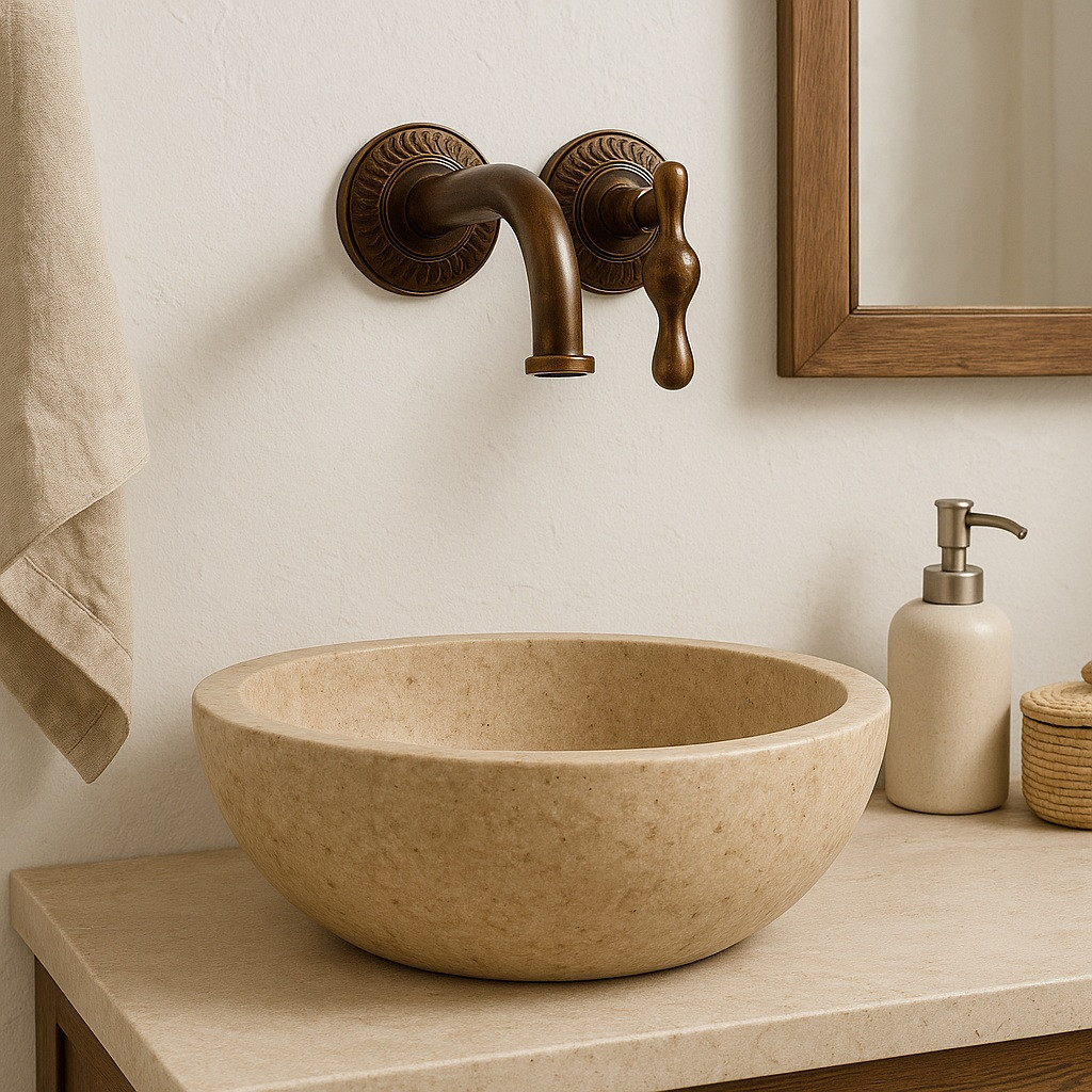 Oxidized brass wall-mount faucet in rustic outdoor style in a bathroom