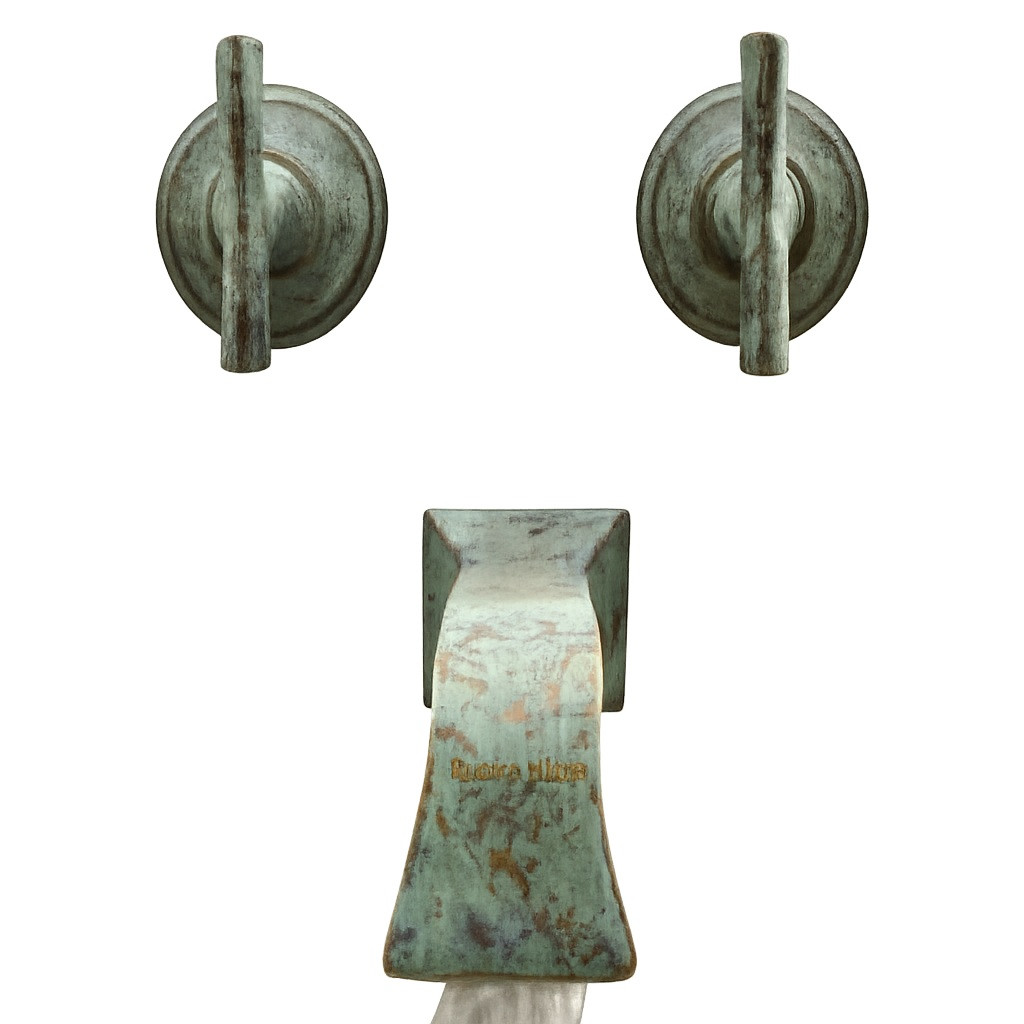 Brass wall mount faucet with patina finish, front view