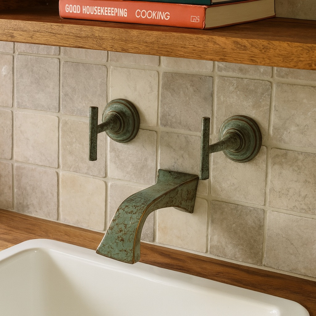 Brass wall mount faucet with patina finish installed over a sink in a kitchen
