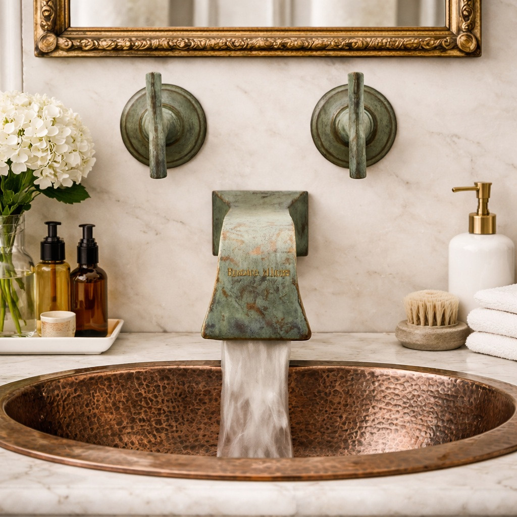 Brass wall mount faucet with patina finish in a rustic bathroom above a copper sink