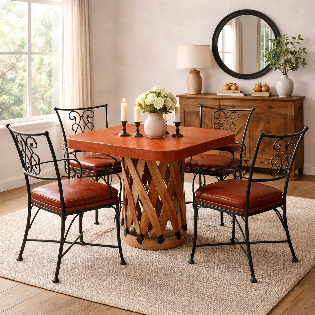 Square equipal table with pigskin leather top in a rustic dining room with Mexican made cabinet and chairs