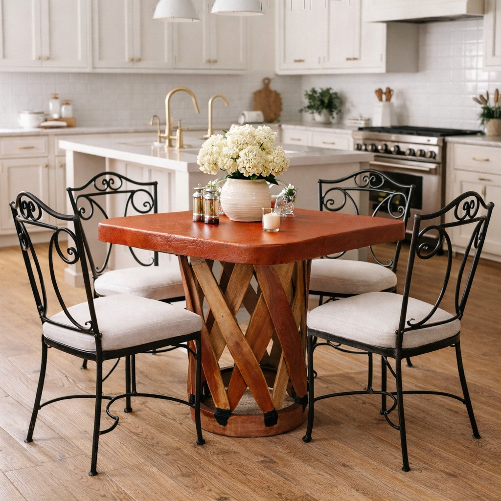 Square equipal table with pigskin leather top in a suburban house eat-in kitchen setting